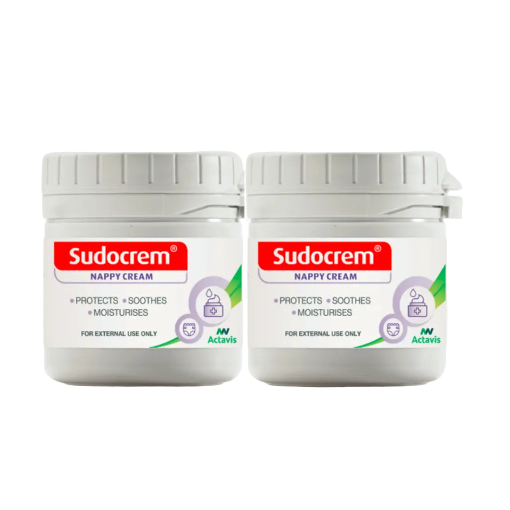 Two containers of Sudocrem Nappy Cream with Caring Creations logo on a white background