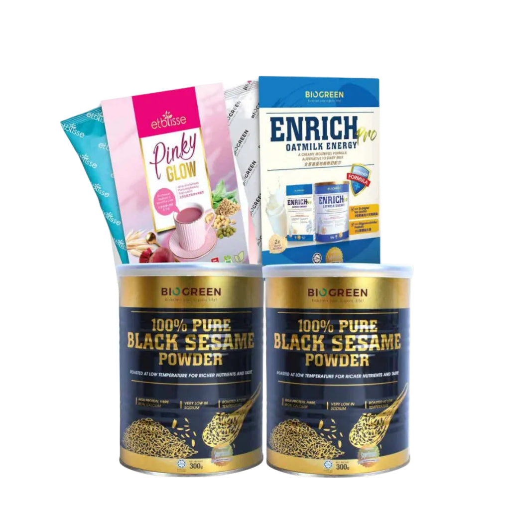 Assortment of health and wellness products including black sesame powder and Enrich oatmilk energy drinks with Caring Store branding.