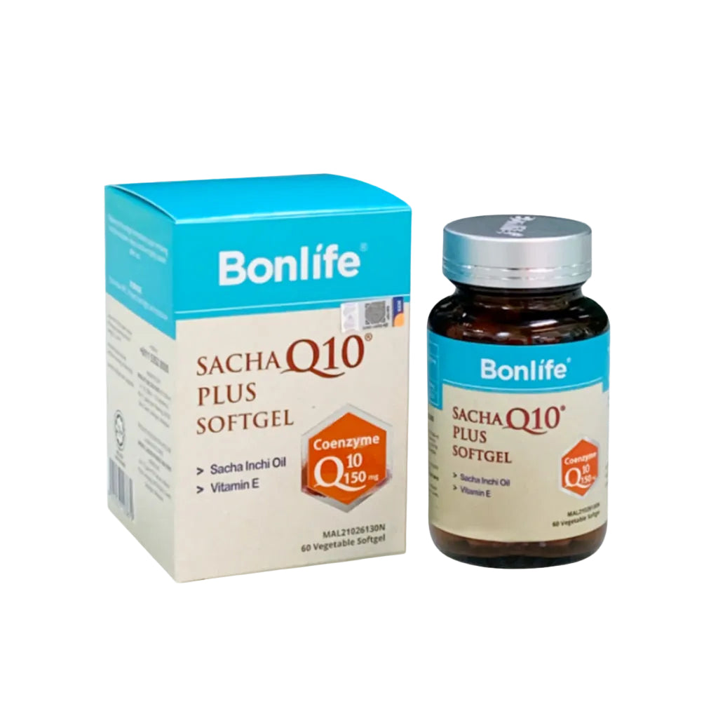 Bonlife Sacha Q10 Plus Softgel packaging and bottle on a white background with Caring Store logo.