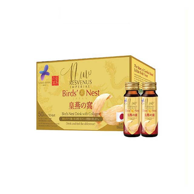 NANO Birds Nest Drink featuring collagen in a 50ml bottle, packed in an elegant box