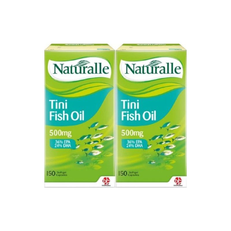 Two boxes of Naturalle Tini Fish Oil 500mg 150 capsules green packaging with 36 percent EPA and 24 percent DHA