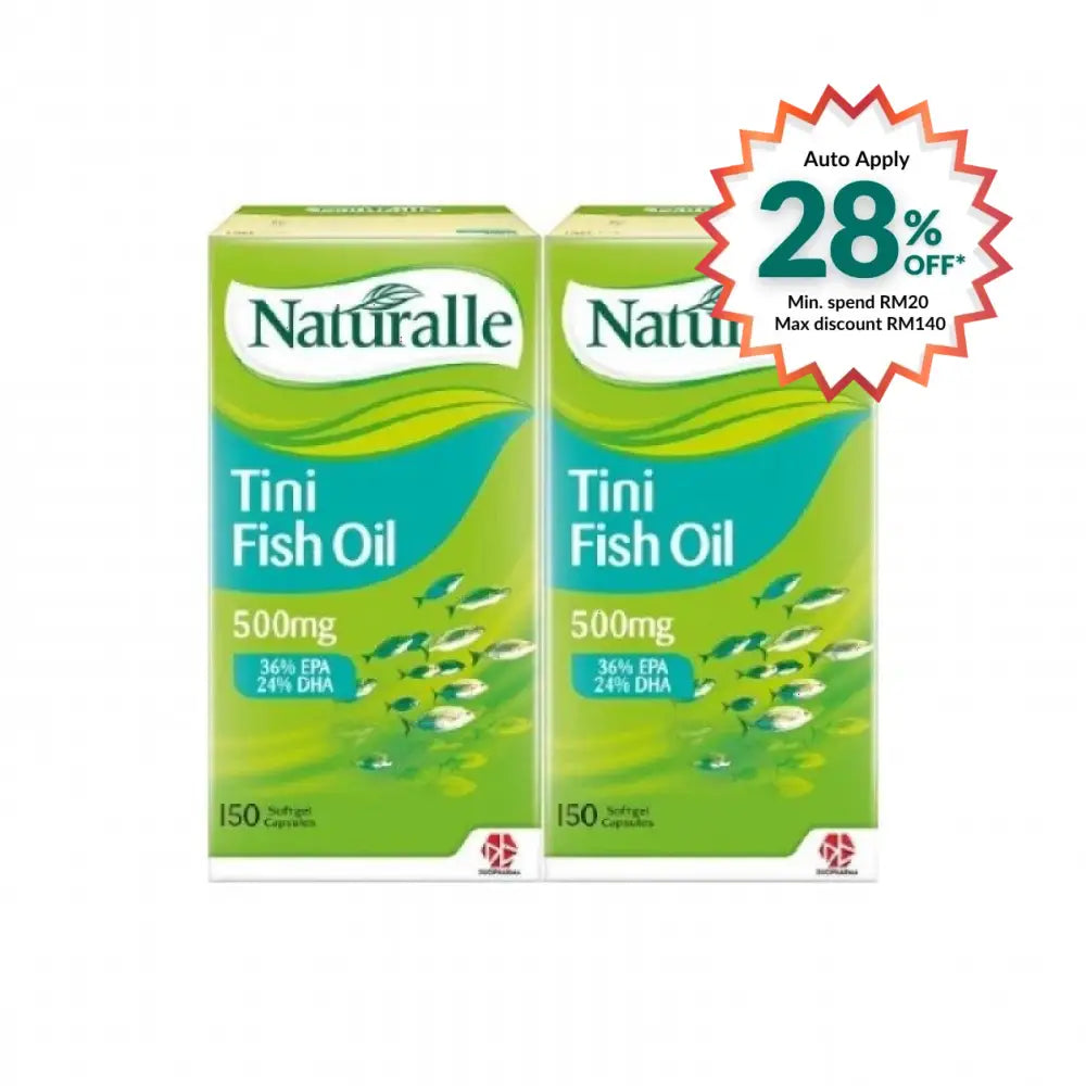 Two boxes of Naturalle Tini Fish Oil 500mg 150 capsules green packaging with 36 percent EPA and 24 percent DHA