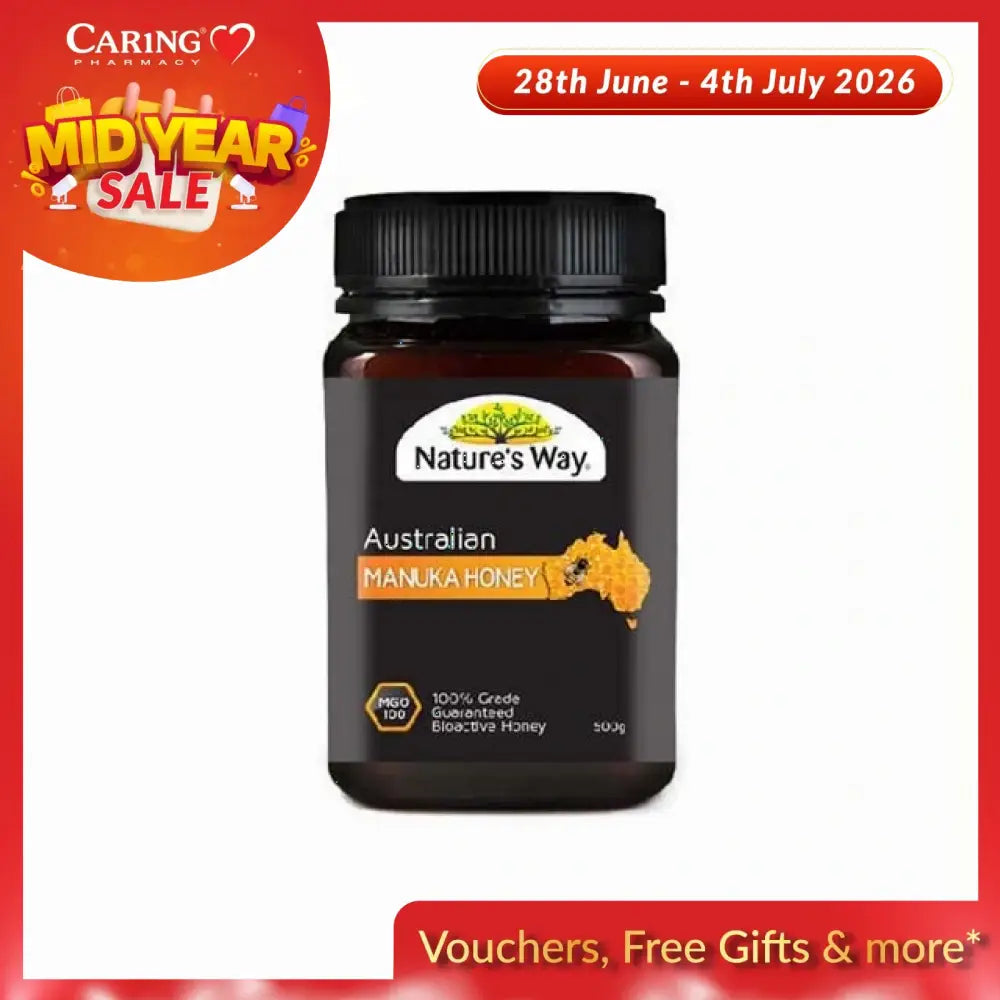 Nature's Way Australian Manuka honey MGO 100+ in a 500g jar for natural health benefits