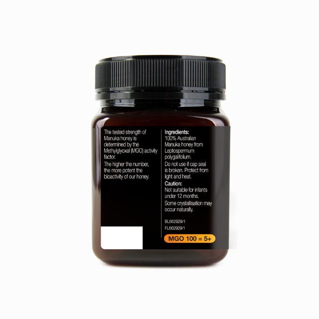Natures Way Australian Manuka honey MGO 100+ in dark glass jar with ingredient label