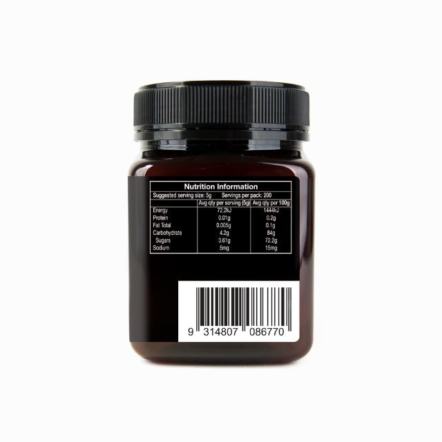 Natures Way Australian Manuka honey MGO 100+ jar with nutrition information label on the back