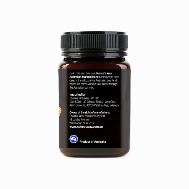 Nature's Way Australian Manuka honey MGO 100+ packed in a dark glass jar for quality preservation