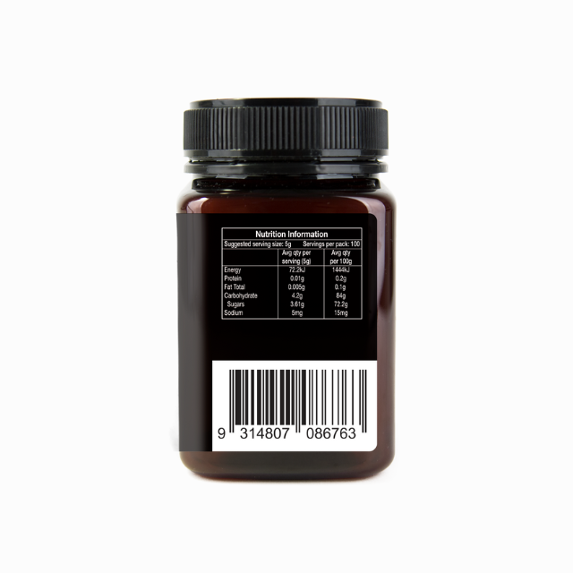 NATURES WAY Australian Manuka honey MGO 100+ in a dark jar with detailed nutrition information on the back
