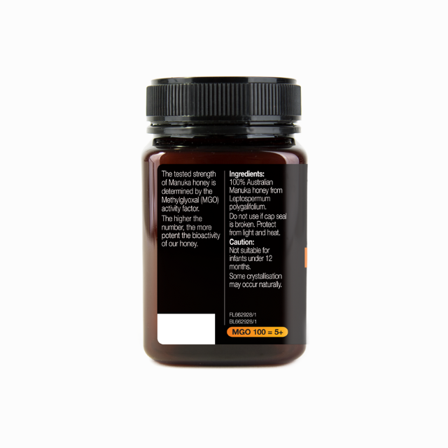 Natures Way Australian Manuka honey MGO 100+ in a brown jar with ingredient details on the label