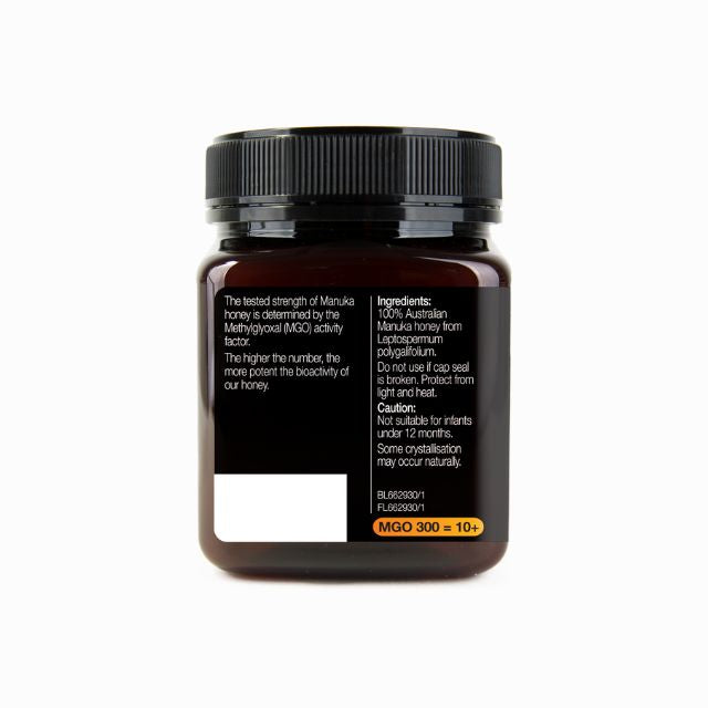 NATURES WAY Australian Manuka honey MGO 300+ in a dark jar with ingredient details on the label