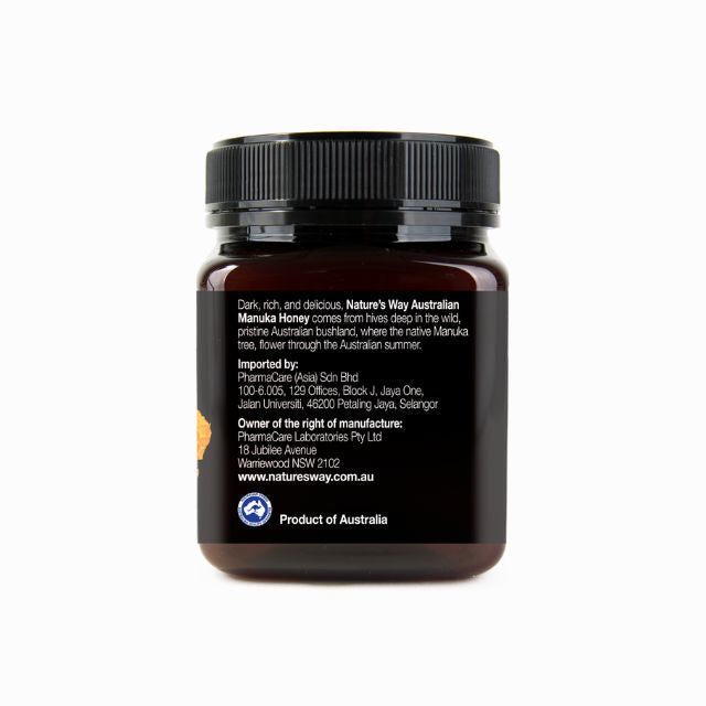 Nature's Way Australian Manuka honey MGO 300+ in a dark jar with a lid and product label
