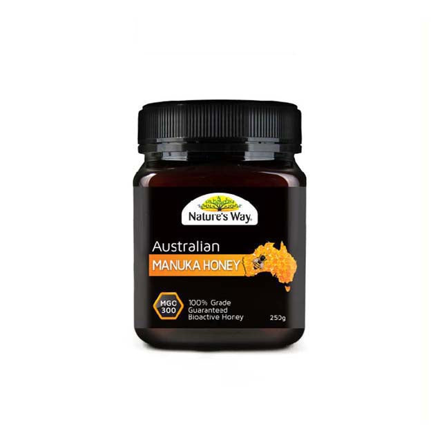 Nature's Way Australian Manuka Honey MGO 300+ in a 250g jar, known for its high bioactivity