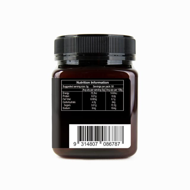 NATURES WAY Australian Manuka honey MGO 300+ jar with nutritional information and ingredients label