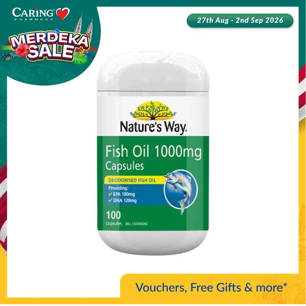 Nature's Way fish oil 1000mg capsules in a bottle of 100 for omega-3 support