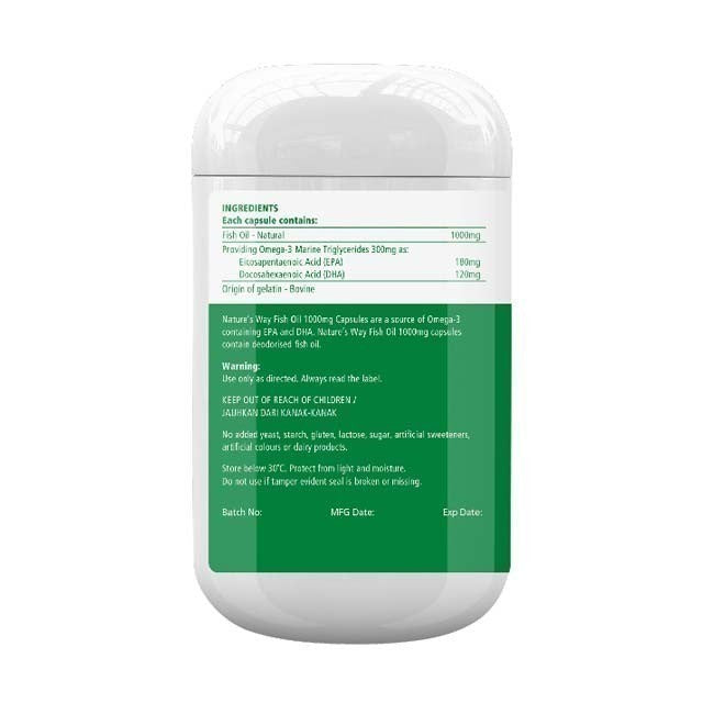 Nature's Way fish oil 1000mg capsules in a bottle, promoting heart and joint health with Omega-3 fatty acids.