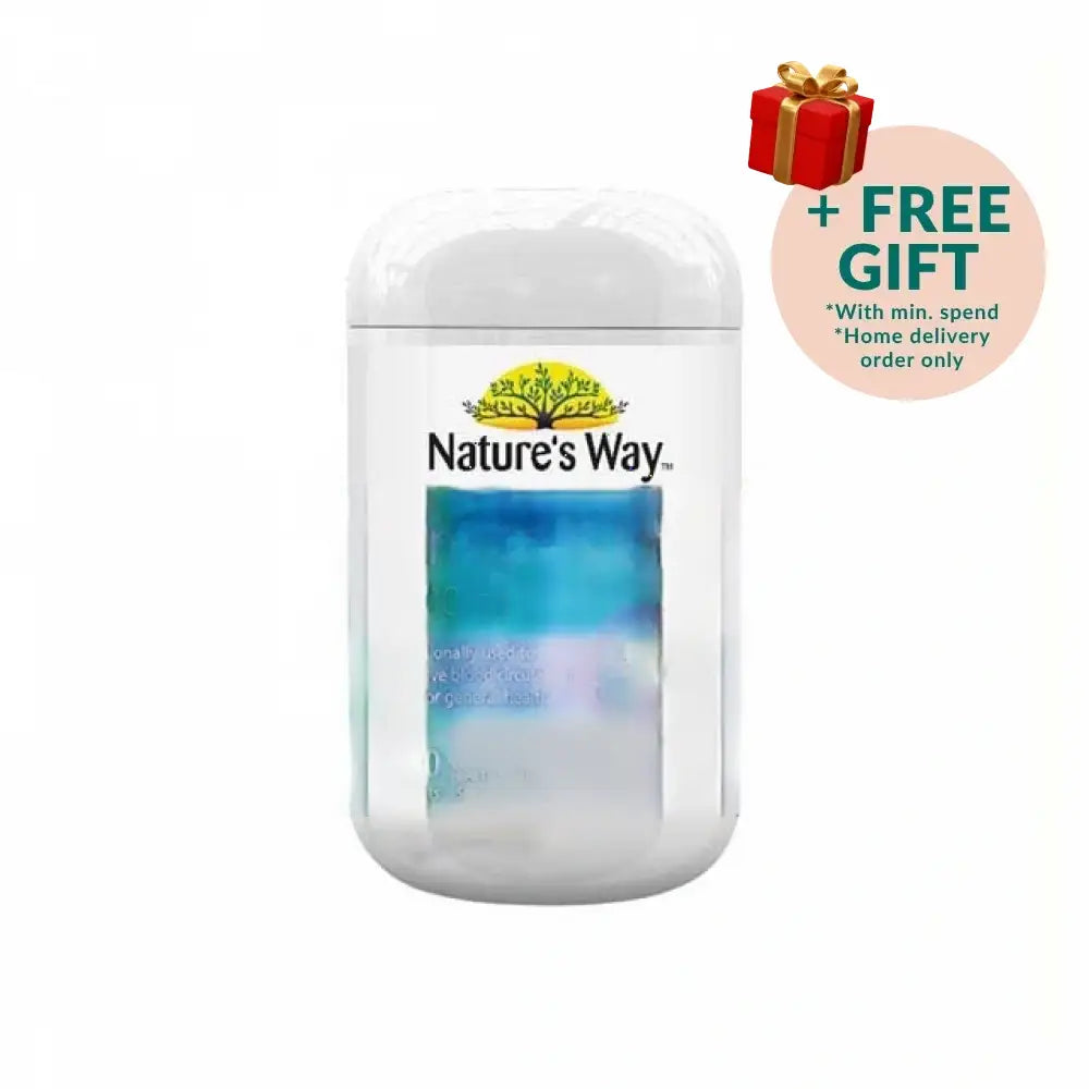 Nature's Way Ginkgo Biloba 2000mg supplement in a bottle of 100 tablets for improved blood circulation