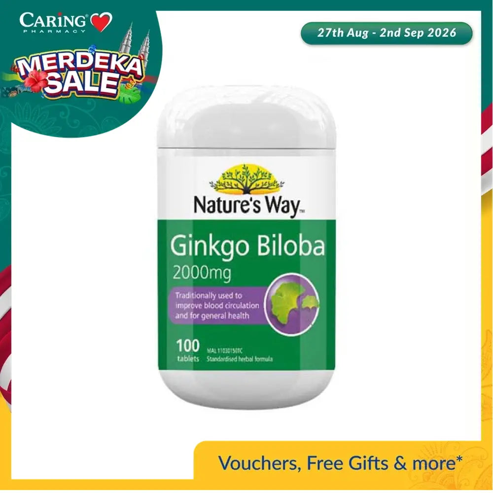 Nature's Way Ginkgo Biloba 2000mg supplement in a bottle of 100 tablets for improved blood circulation