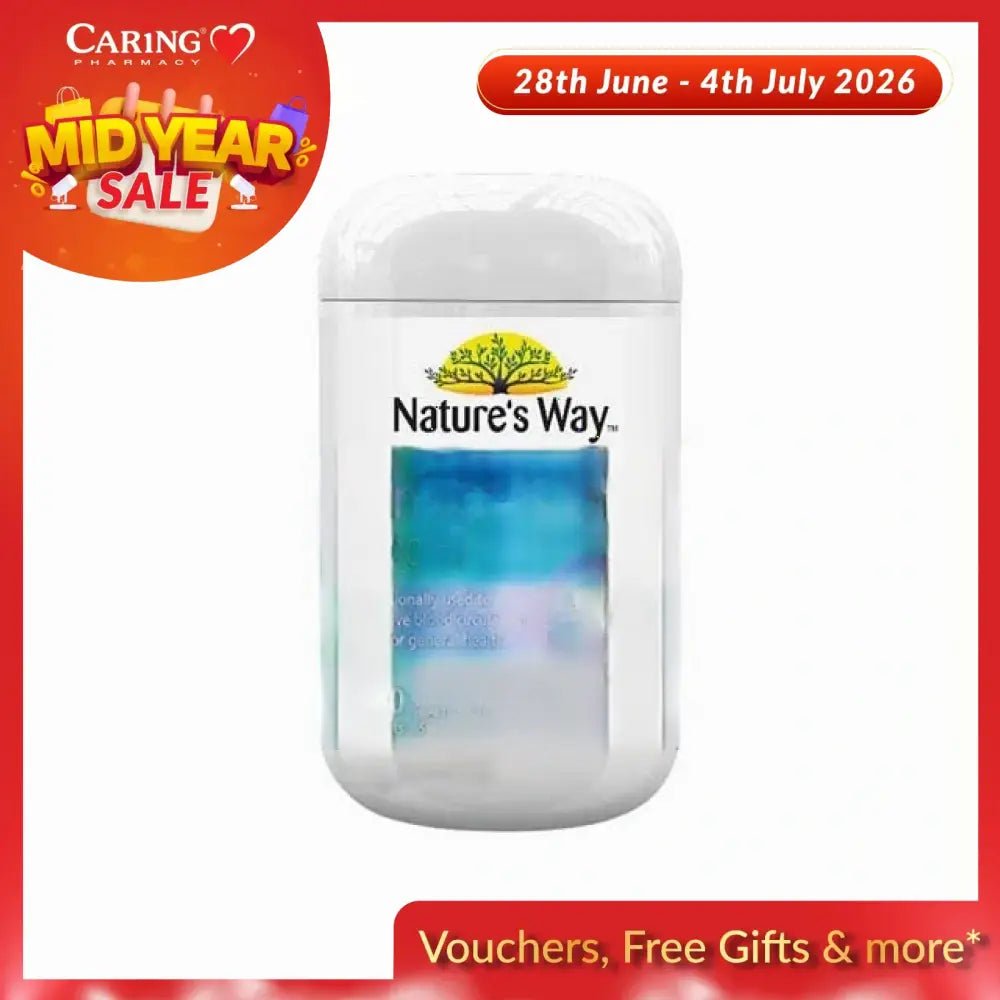Nature's Way Ginkgo Biloba 2000mg supplement in a bottle of 100 tablets for improved blood circulation