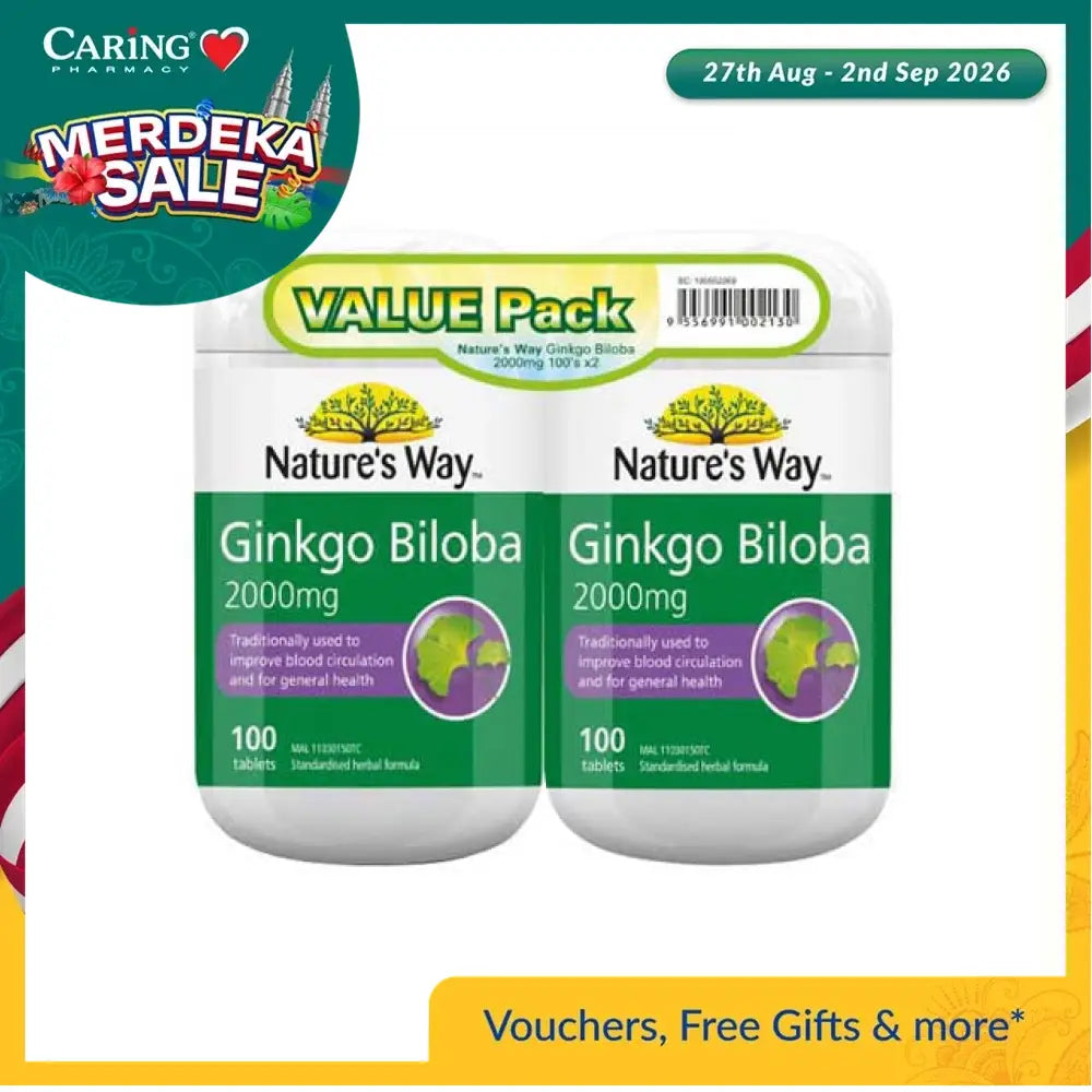 Nature's Way Ginkgo Biloba 2000mg tablets value pack of 100 for improved blood circulation and general health