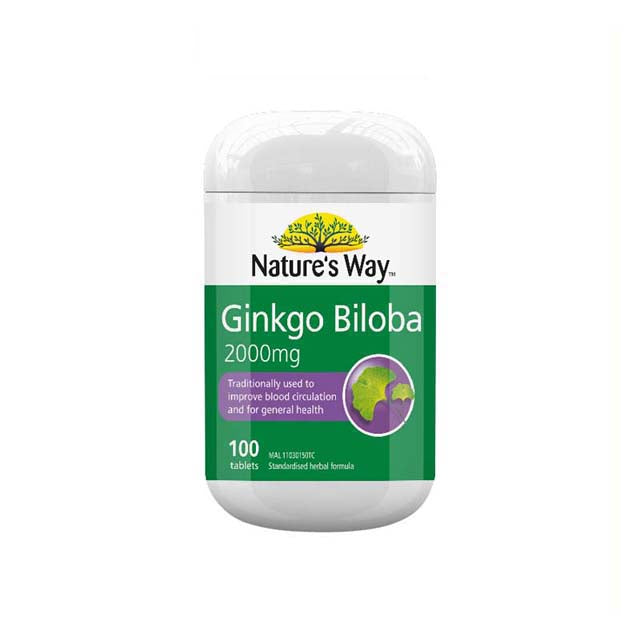 Nature's Way Ginkgo Biloba 2000mg supplement in a bottle of 100 tablets for improved blood circulation
