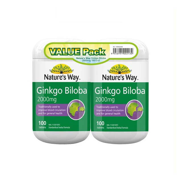 Nature's Way Ginkgo Biloba 2000mg tablets value pack of 100 for improved blood circulation and general health