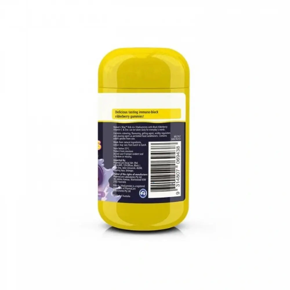 Natures Way kids elderberry gummies bottle with colorful label and nutrition information on the back