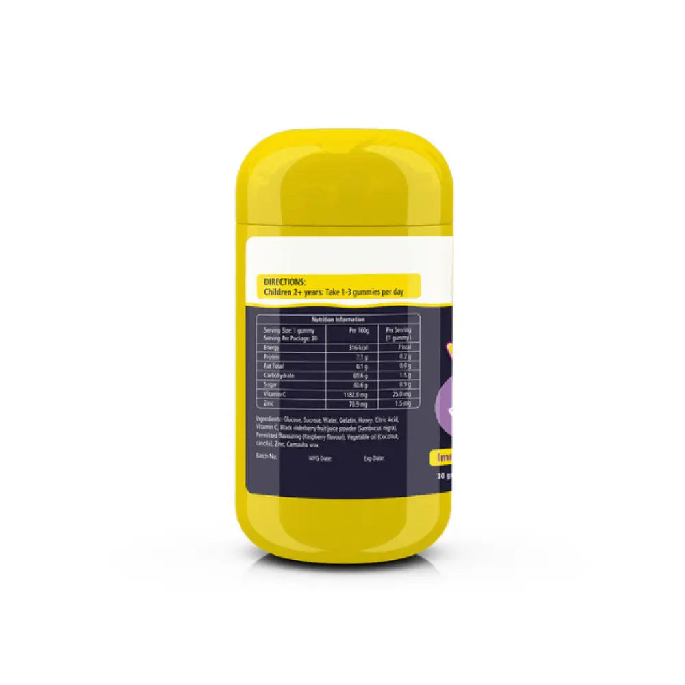 Natures Way Kids Elderberry Gummies in Yellow Bottle for Immune Support with Nutritional Information