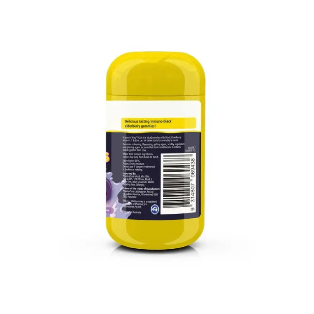 Natures Way kids elderberry gummies bottle with colorful label and nutrition information on the back