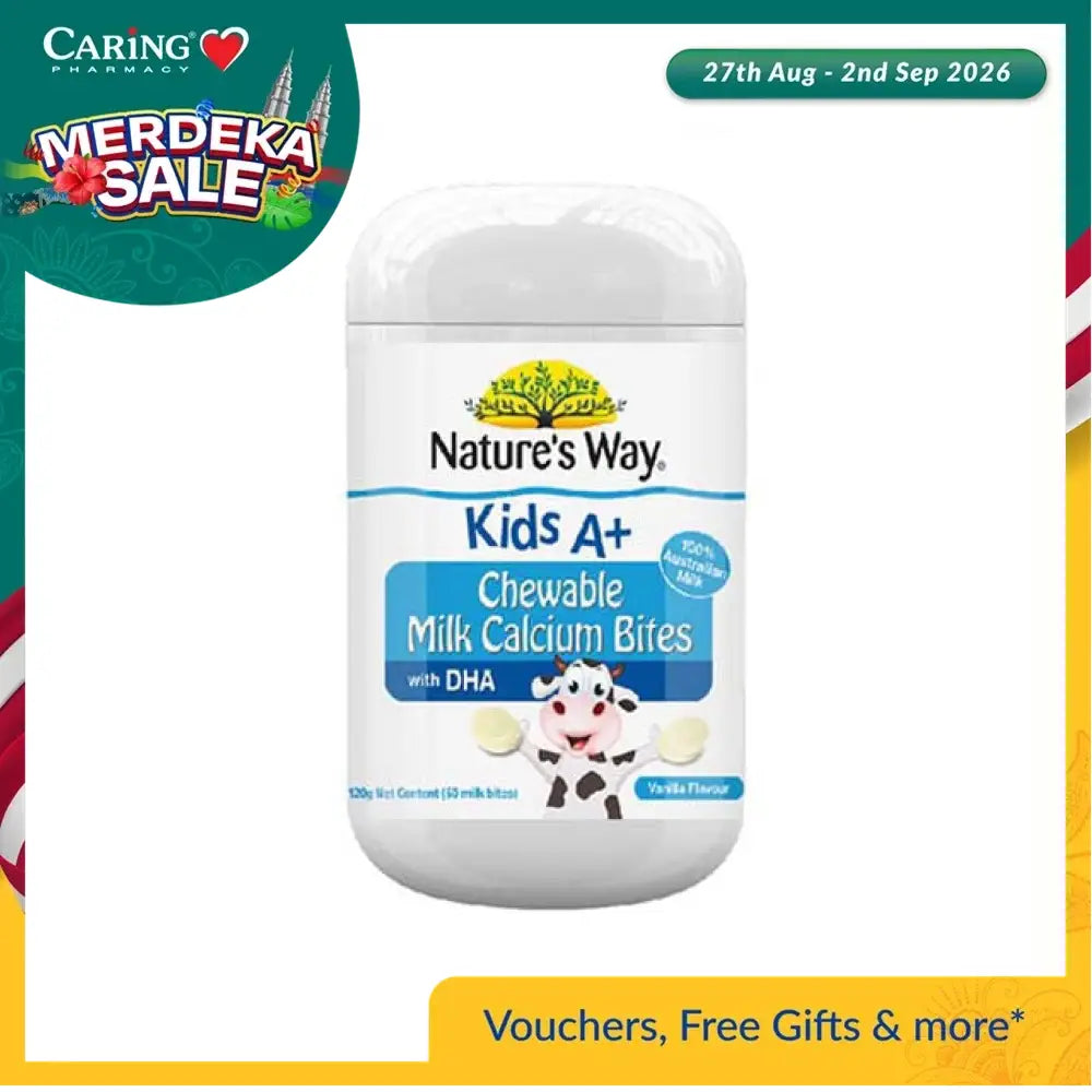 Nature's Way Kids A+ Chewable Milk Calcium Bites for Kids with DHA in a colorful container
