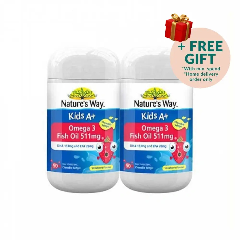 Nature's Way Kids Omega 3 Fish Oil Supplements, Strawberry Flavor, 50 Chewable Softgels Per Bottle