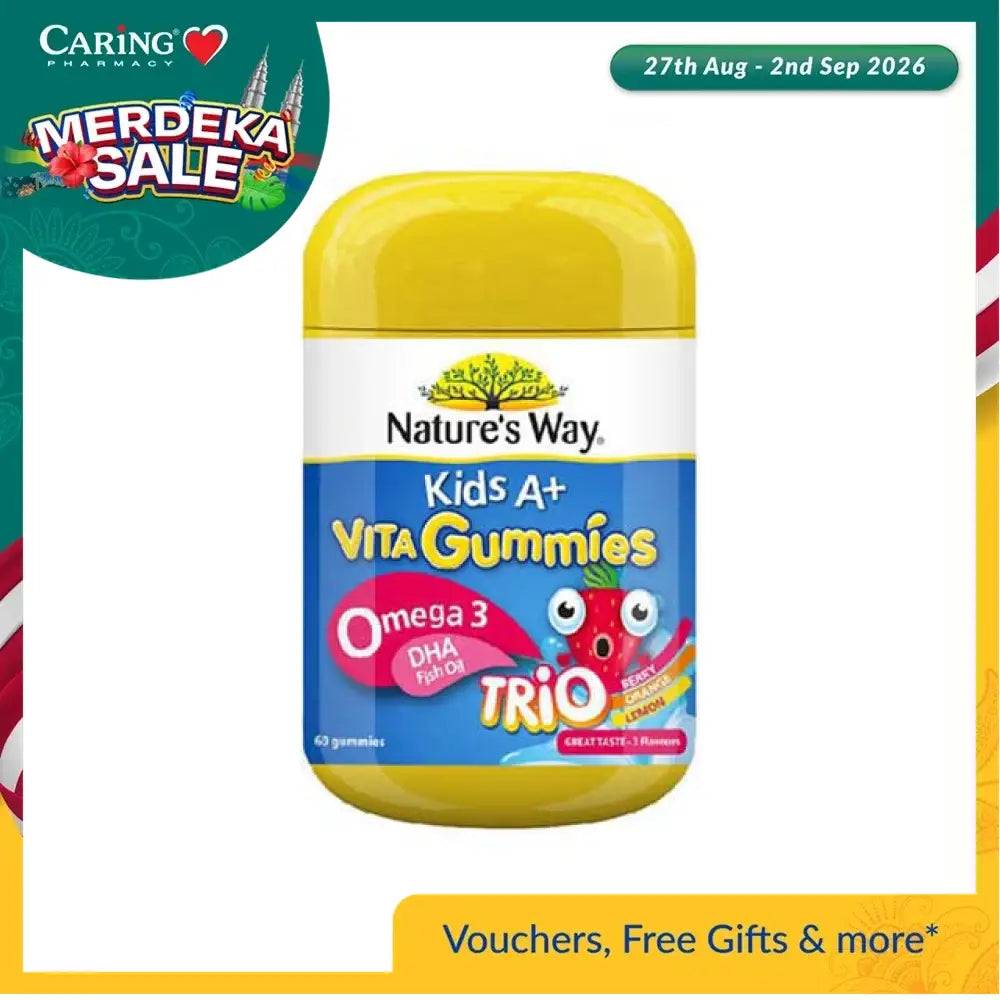 Nature's Way Kids Omega 3 Gummies in a yellow container with 40 fun and tasty gummies