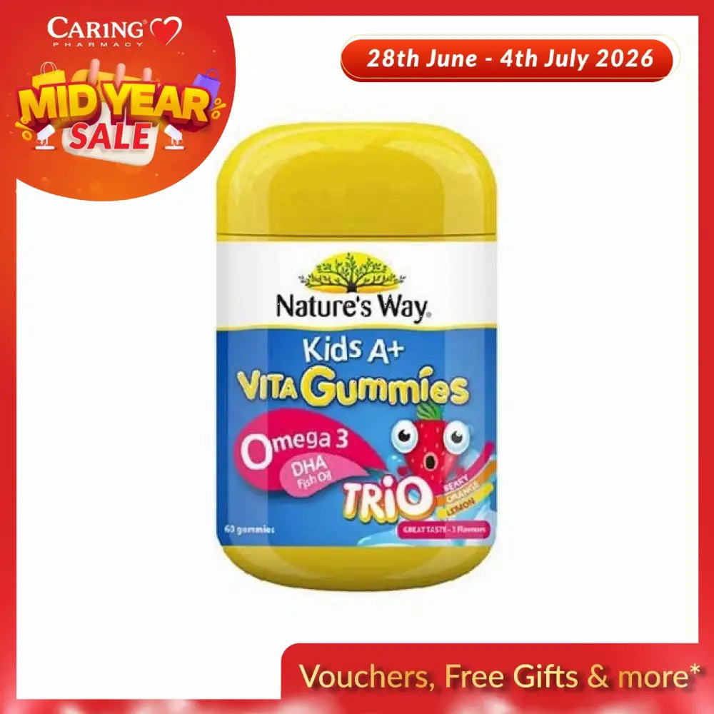 Nature's Way Kids Omega 3 Gummies in a yellow container with 40 fun and tasty gummies