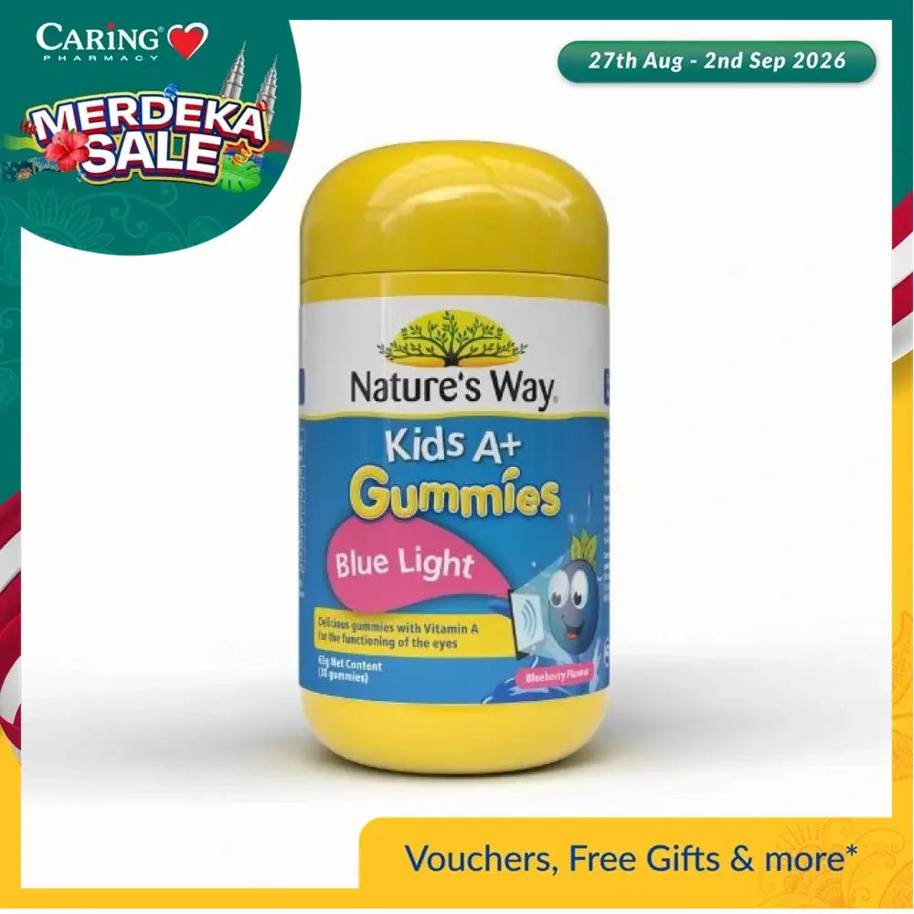 Nature's Way Kids A+ Gummies for blue light protection with Vitamin A in a blueberry flavor
