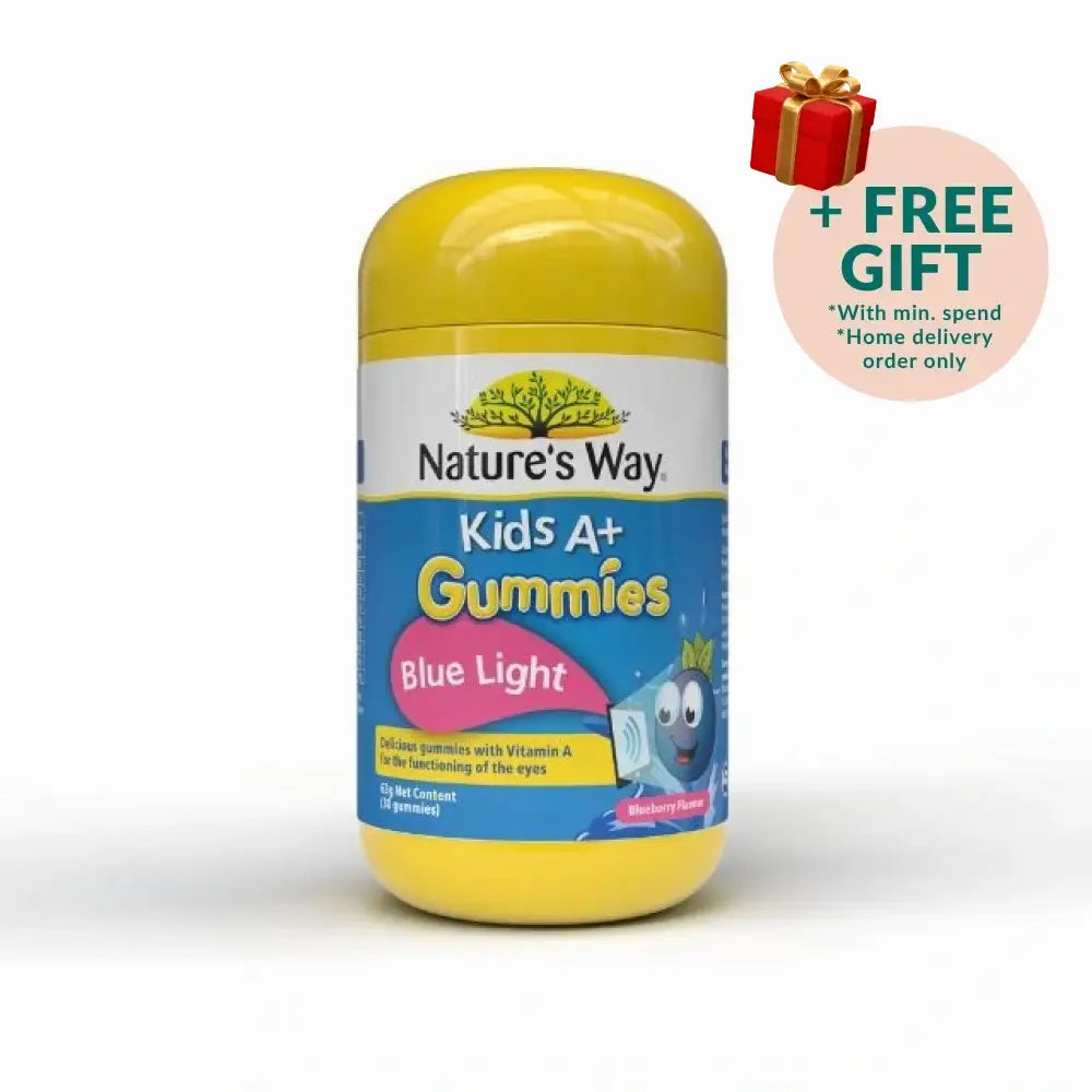 Nature's Way Kids A+ Gummies for blue light protection with Vitamin A in a blueberry flavor