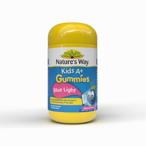 Nature's Way Kids A+ Gummies for blue light protection with Vitamin A in a blueberry flavor