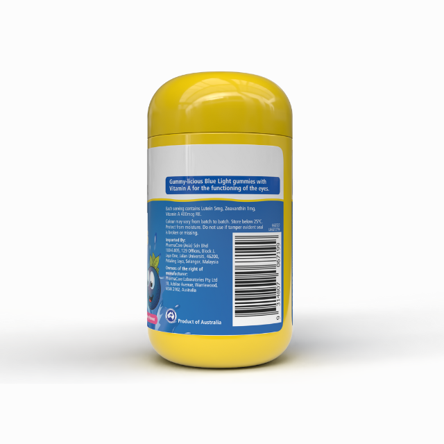 Nature's Way kids blue light gummies in yellow bottle with eye health benefits and Vitamin A