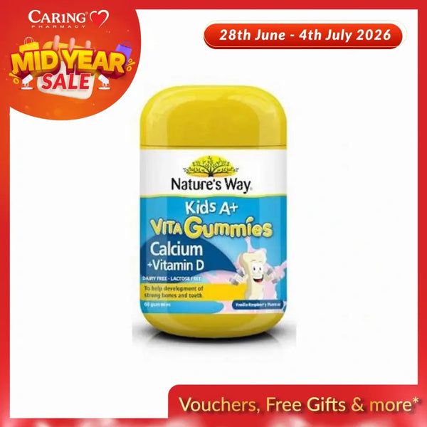 Nature's Way Kids Calcium Vitamin D gummies in a yellow container for healthy bones and teeth