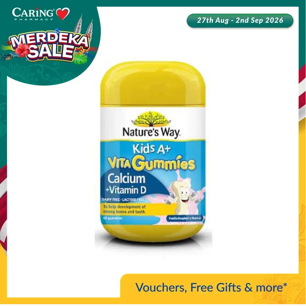 Nature's Way Kids Calcium Vitamin D gummies in a yellow container for healthy bones and teeth