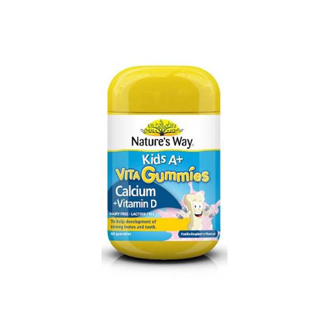 Nature's Way Kids Calcium Vitamin D gummies in a yellow container for healthy bones and teeth