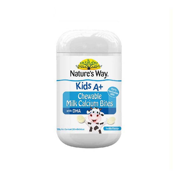 Nature's Way Kids A+ Chewable Milk Calcium Bites for Kids with DHA in a colorful container