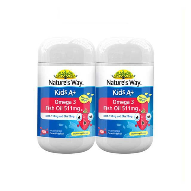 Nature's Way Kids Omega 3 Fish Oil Supplements, Strawberry Flavor, 50 Chewable Softgels Per Bottle