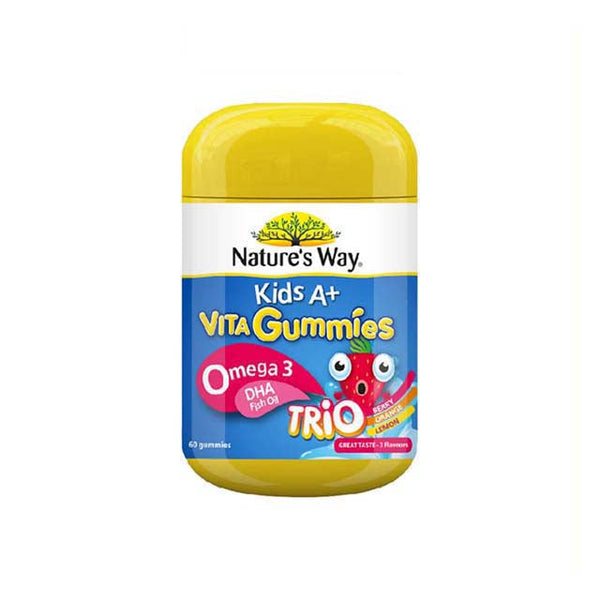 Nature's Way Kids Omega 3 Gummies in a yellow container with 40 fun and tasty gummies