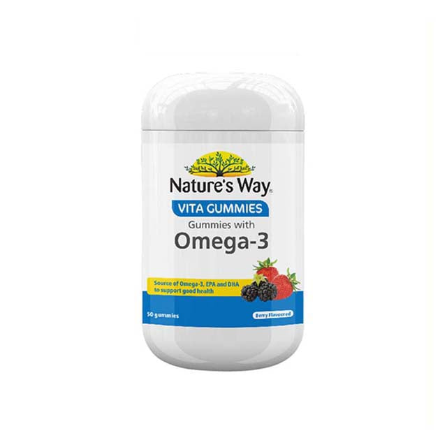Nature's Way Omega-3 gummies for adults in a container with berry flavor for overall health support