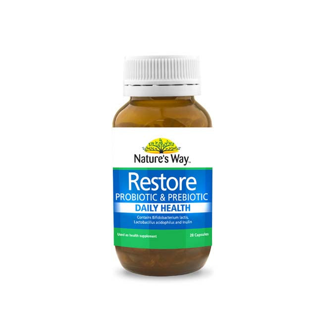 Nature's Way Restore Probiotic and Prebiotic Supplement Malaysia in a 28-capsule bottle for daily health