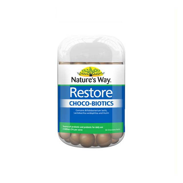 Nature's Way probiotic choco balls in a container for digestive health with beneficial bacteria