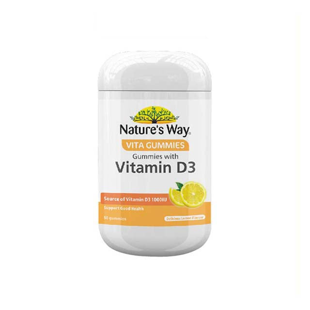 Nature's Way Vitamin D3 gummies for adults in a white container with a lemon flavor, 60 gummies