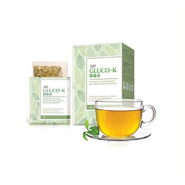 NH Gluco-K tea box and brewed tea in a glass cup for wellness and balance