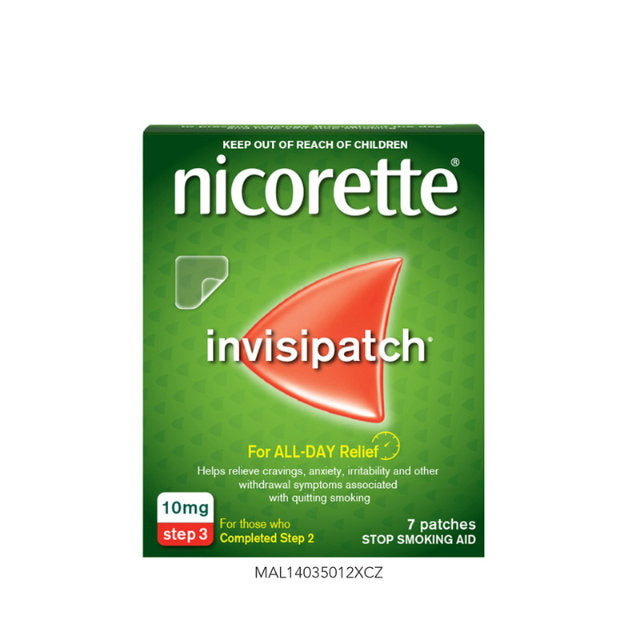 Nicorette 10mg patch step 3 for quitting smoking, includes 7 patches for all-day relief from cravings