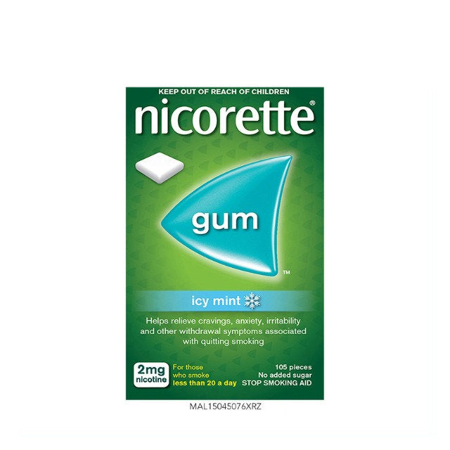 Nicorette icy mint 2mg gum package designed to help relieve cravings and withdrawal symptoms