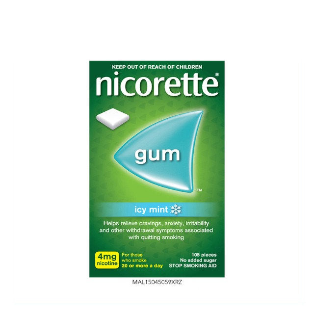 Nicorette IcyMint 4mg gum for quitting smoking in green packaging with a mint-flavored cube