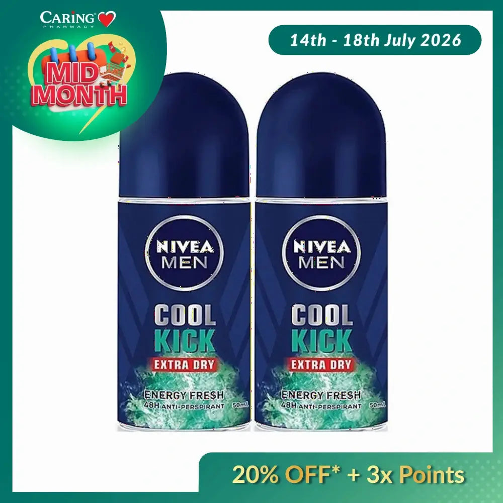 NIVEA FOR MEN DEODORANT COOL KICK EXTRA DRY ENERGY FRESH ROLL ON 50ML 2S